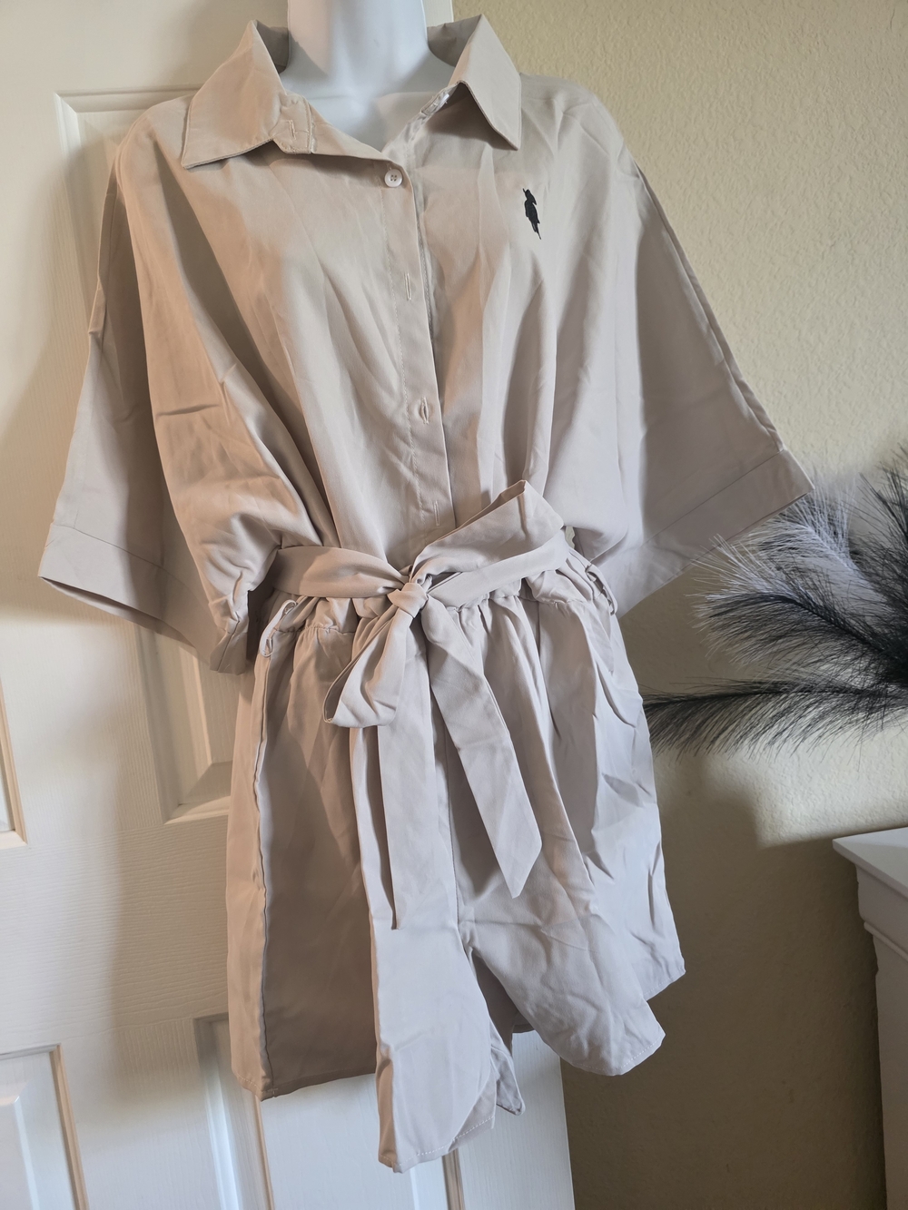 Light Beige Shirt Dress with Tie Waist and Polo Logo